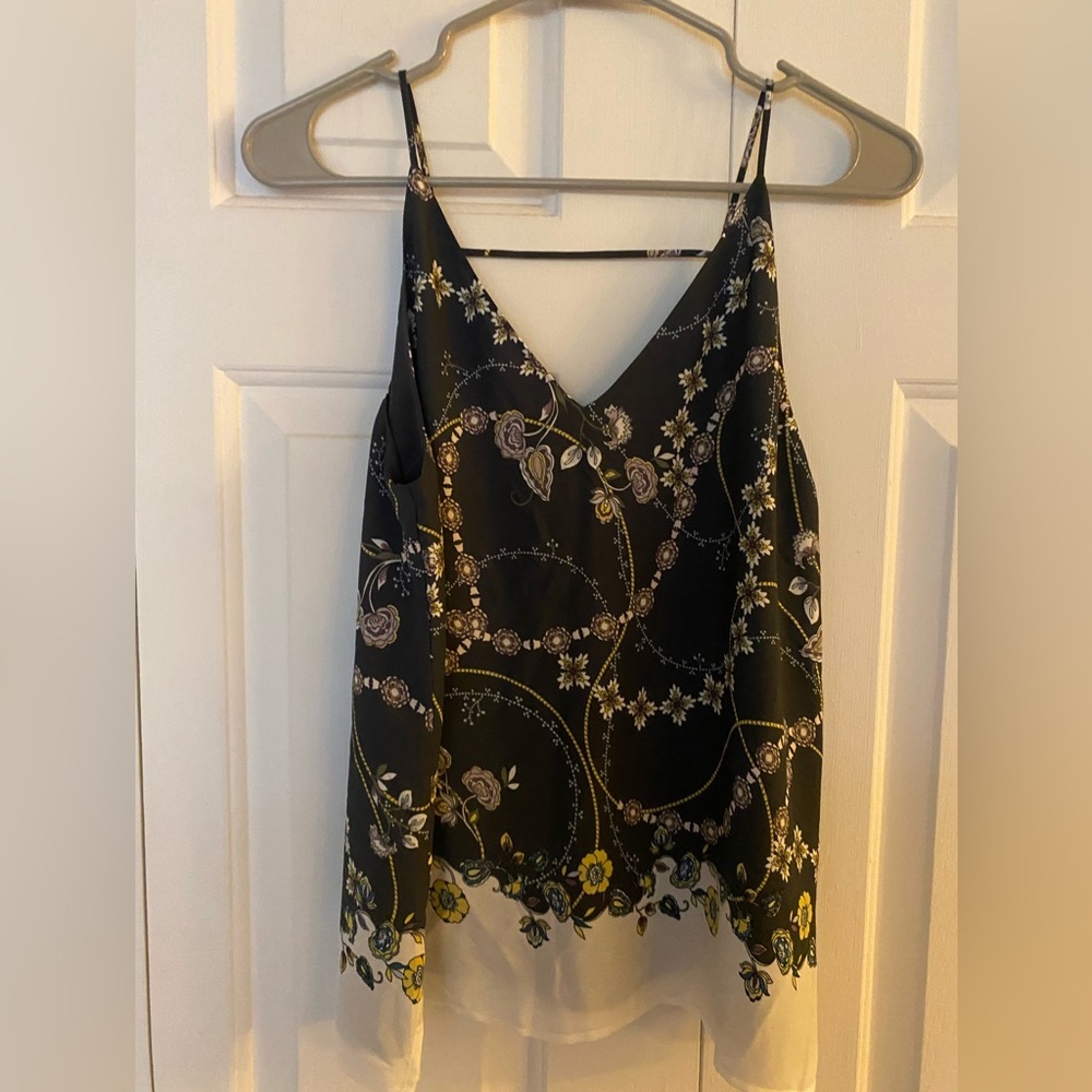 Loft Black Floral Drapey Boho Tank Top, Women's
